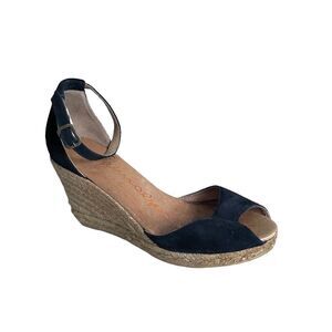 GAIMO Suede Peep Toe Wedge Espadrilles Sandals Shoes Black Tan 38